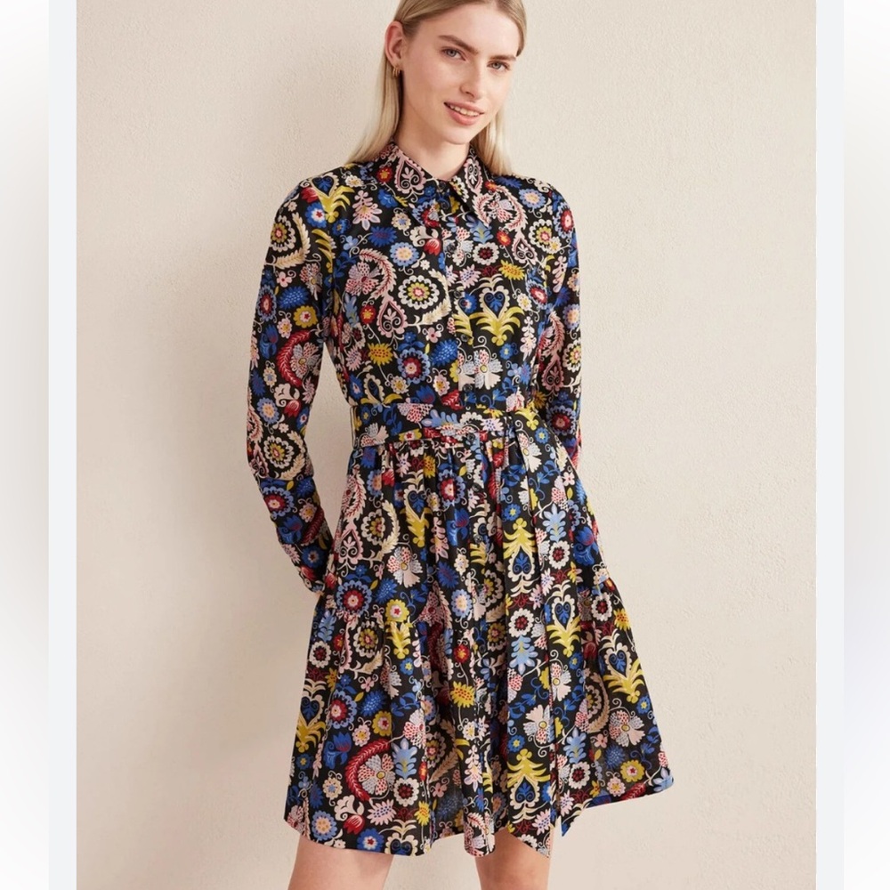 Boden Floral Long-Sleeve Shirt Dress in Black with Blue, Yellow, Pink
